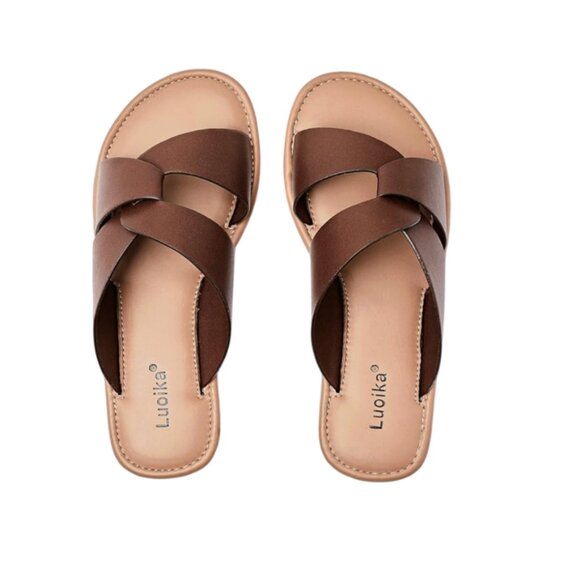 NEW Luoika Women's Wide Width Flat Slides Sandals in Brown Size 9.5 X-Wide - Picture 2 of 8